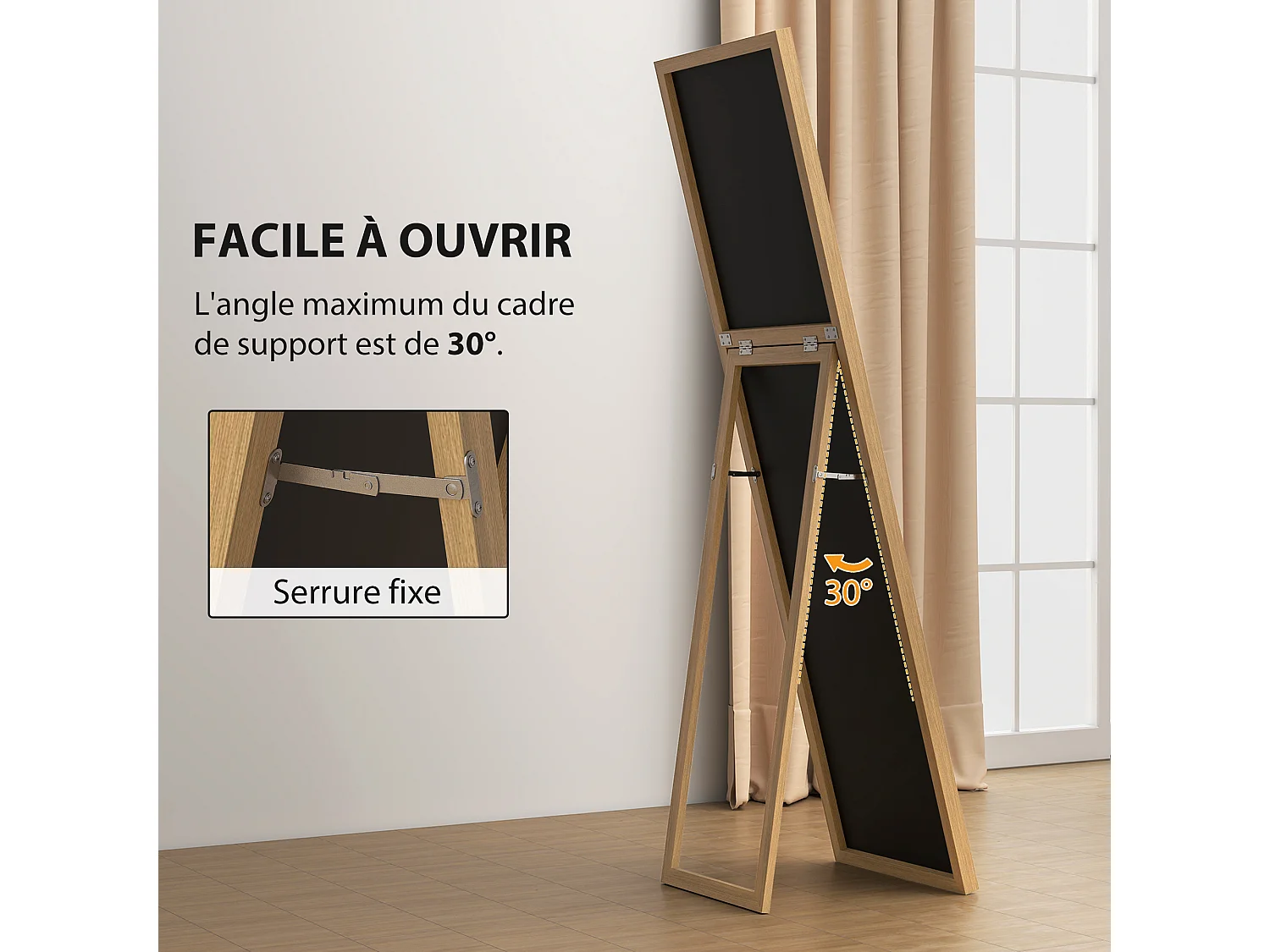 Miroir sur pied rectangulaire dim. 40L x 47l x 147H cm MDF aspect bois de chêne clair
