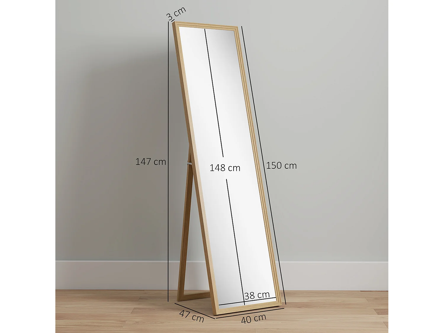 Miroir sur pied rectangulaire dim. 40L x 47l x 147H cm MDF aspect bois de chêne clair