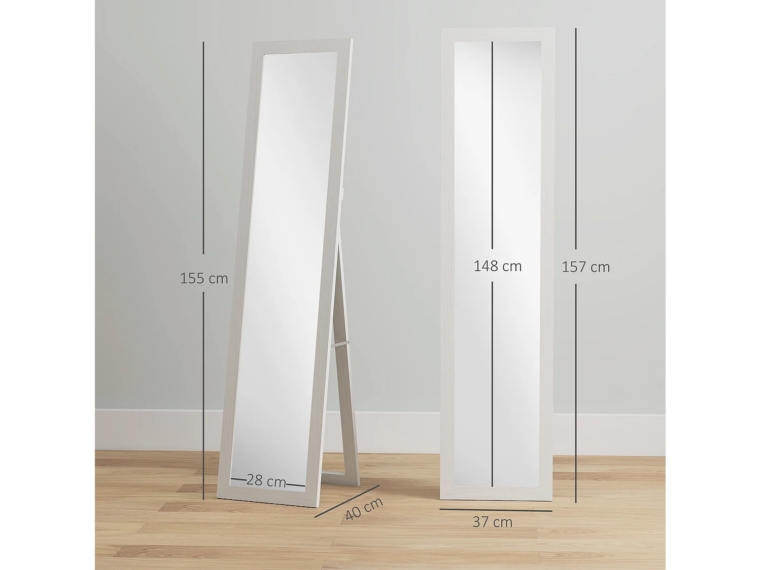 Miroir sur pied et mural rectangulaire dim. 37L x 40l x 157H cm aspect bois blanc