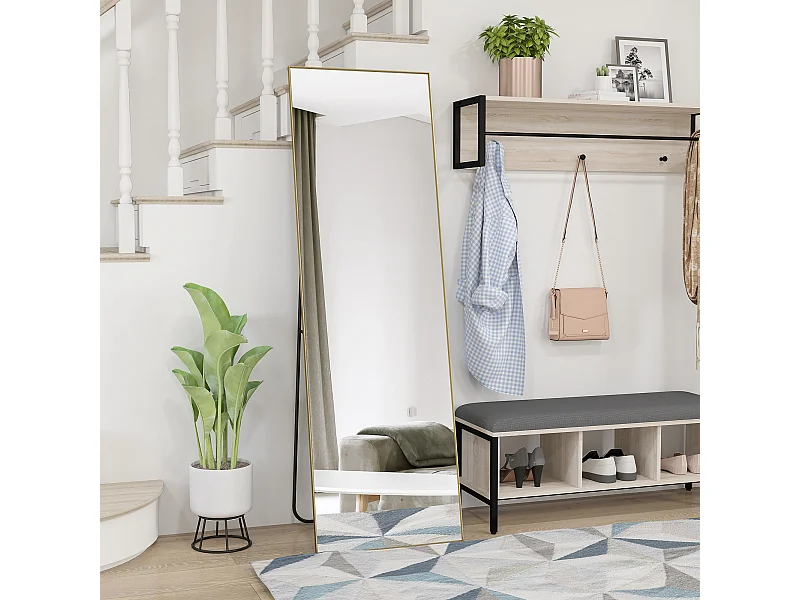 Grand miroir pleine longueur rectangulaire 50 x 160 cm - miroir sur pied ou mural - doré