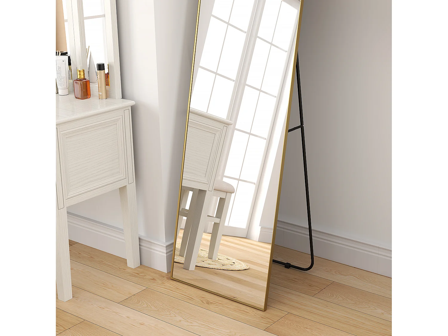 Grand miroir pleine longueur rectangulaire 50 x 160 cm - miroir sur pied ou mural - doré