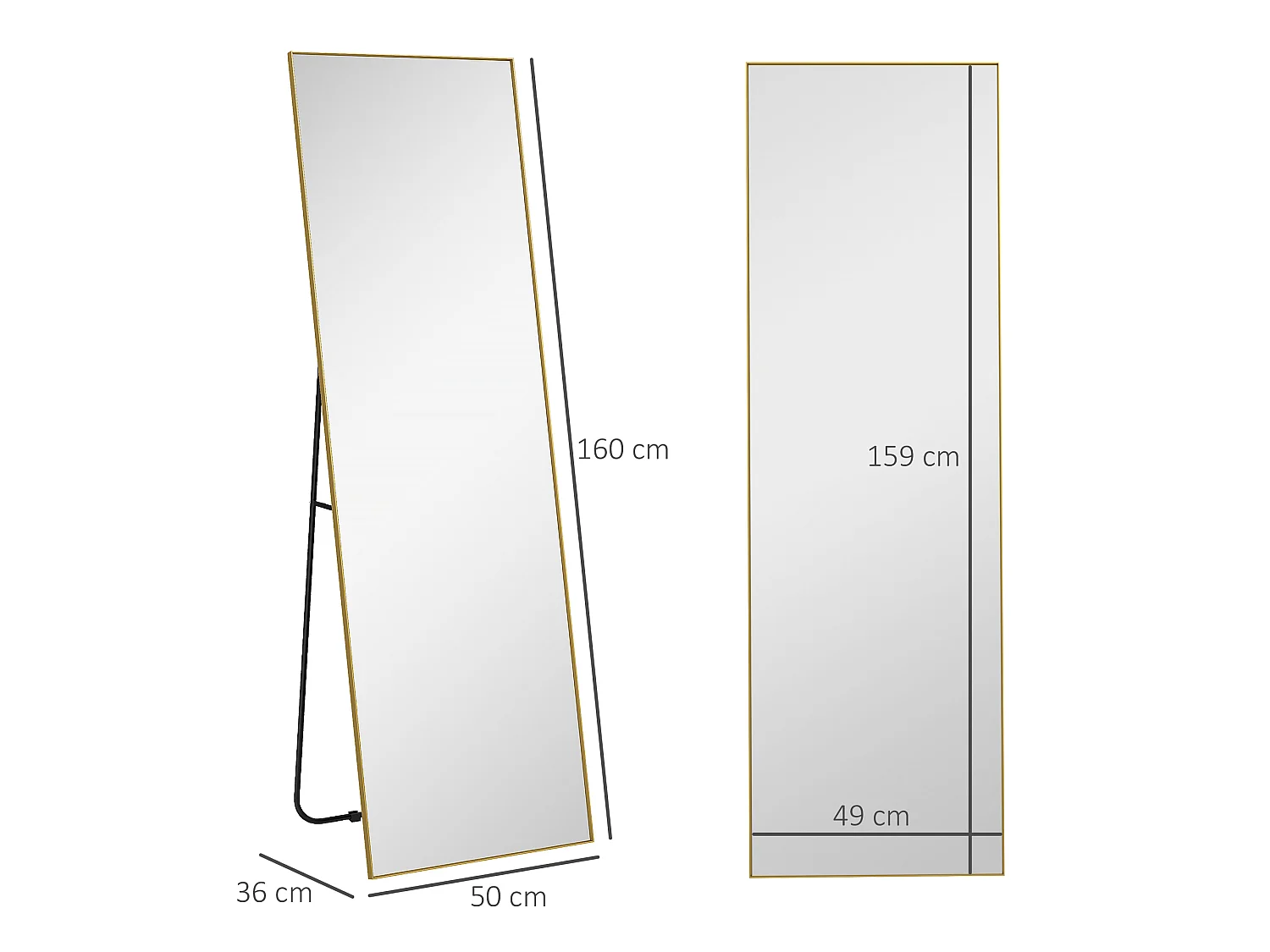 Grand miroir pleine longueur rectangulaire 50 x 160 cm - miroir sur pied ou mural - doré