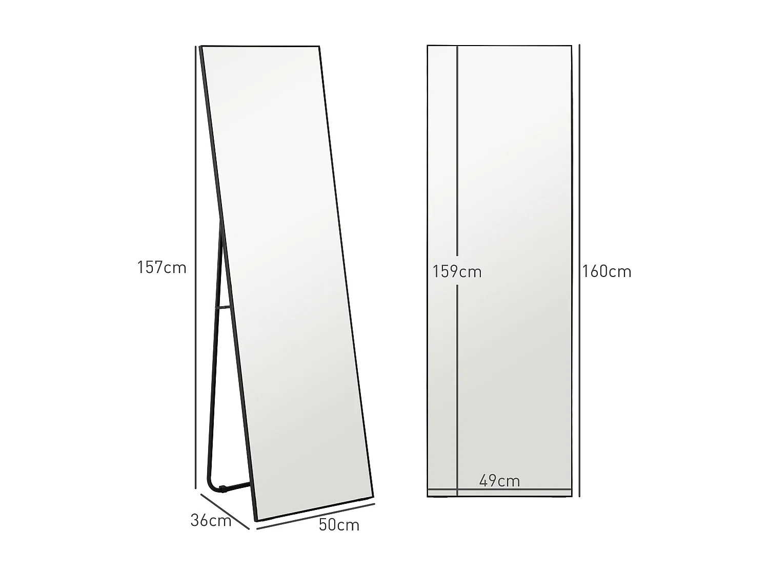 Grand miroir pleine longueur rectangulaire 50 x 160 cm - miroir sur pied ou mural - noir