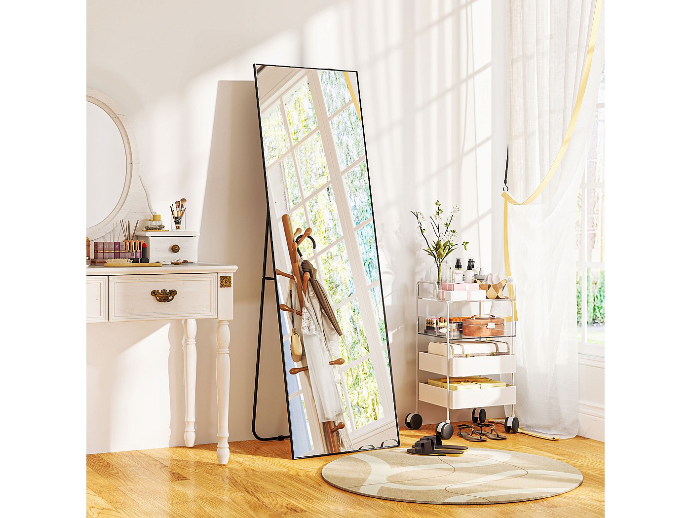 Miroir Porte Miroir Pleine Longueur HOMCOM 160x50 Cm - Sur Pied, Mural Ou Inclinable, Cadre Noir Métal | Pour Chambre, Dressing, Salon