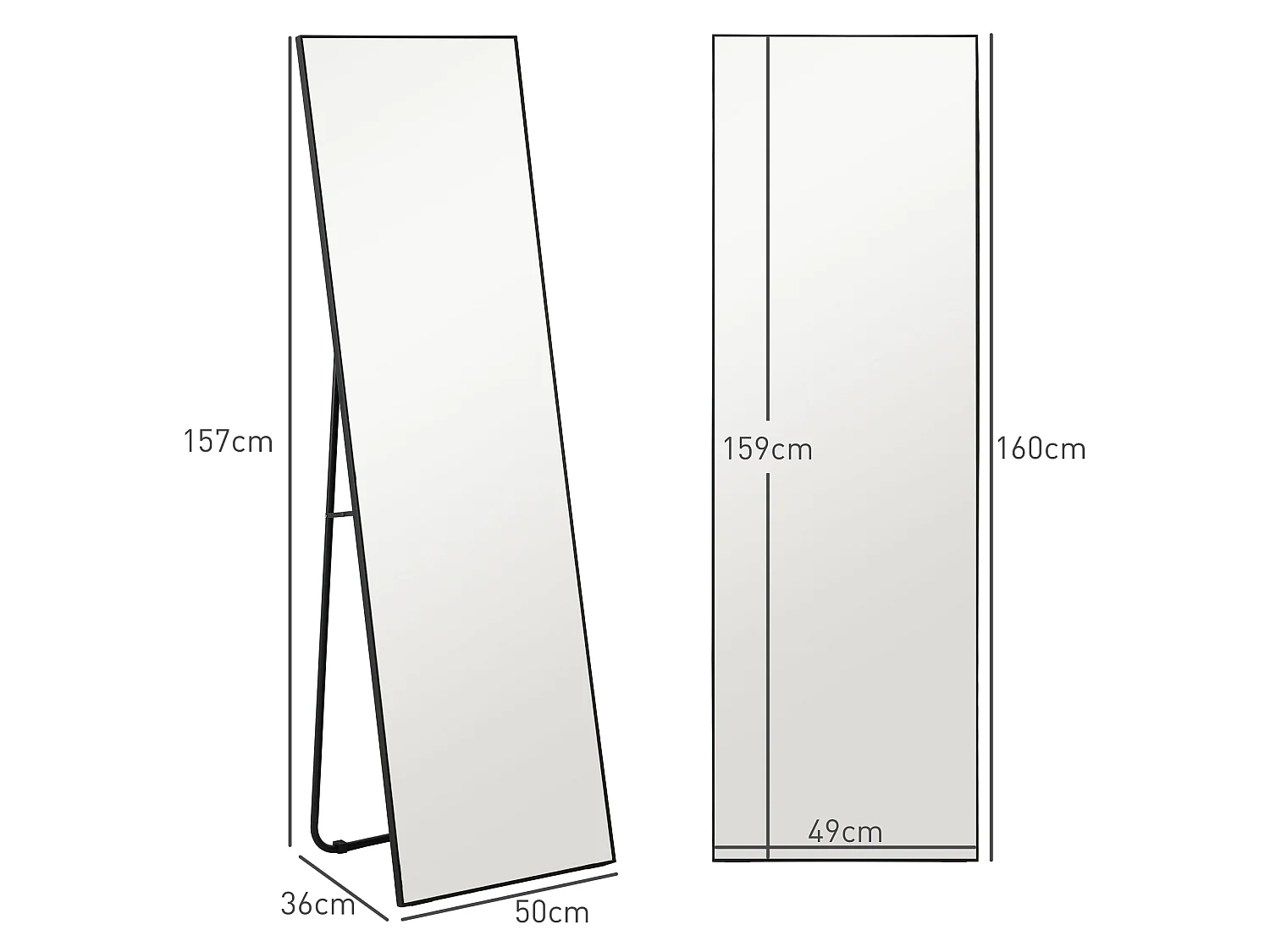Grand miroir pleine longueur rectangulaire 50 x 160 cm - miroir sur pied ou mural - noir