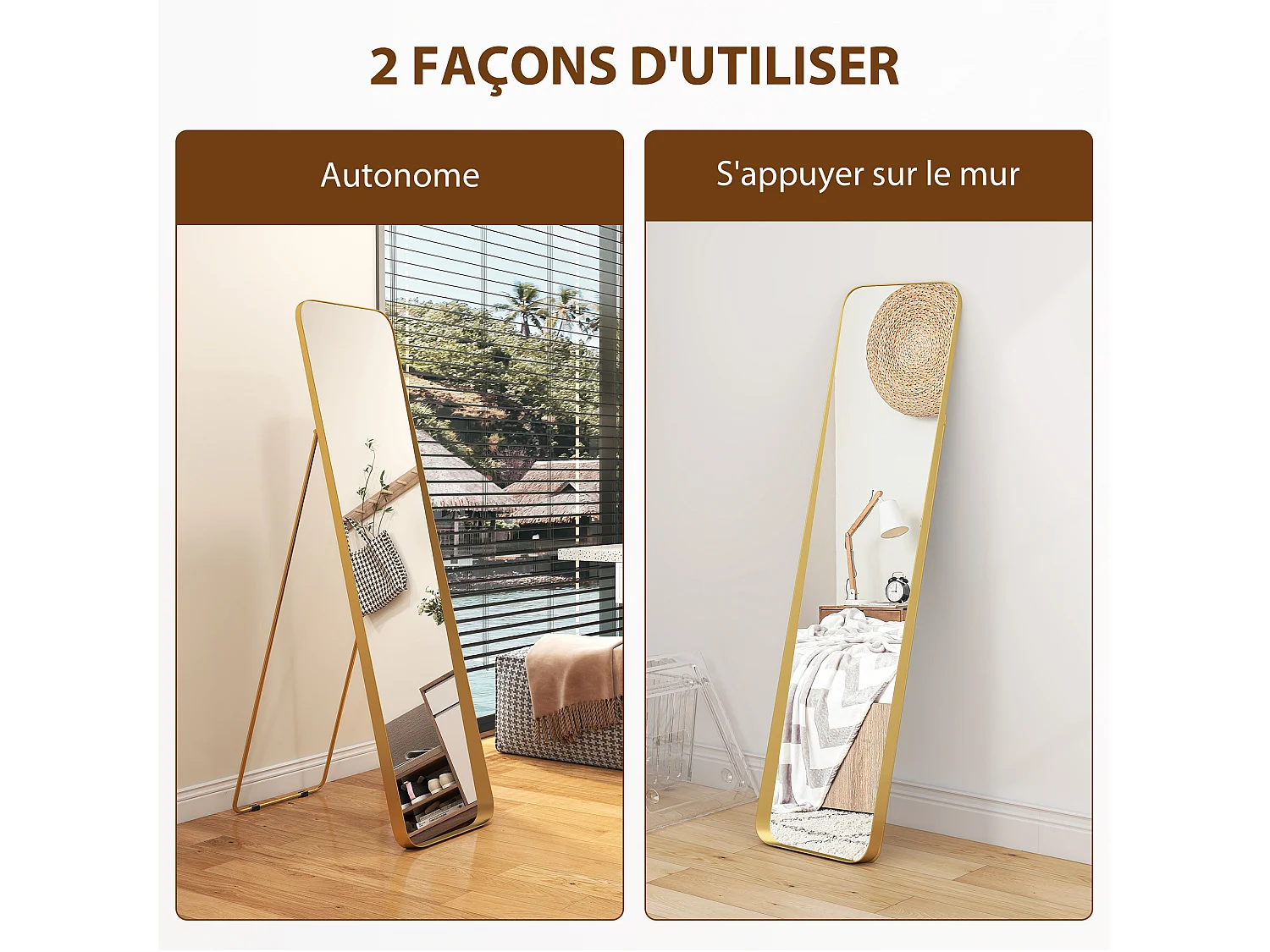 Miroir sur pied design métal doré dim. 40 x 160 cm autoportant ou à adosser