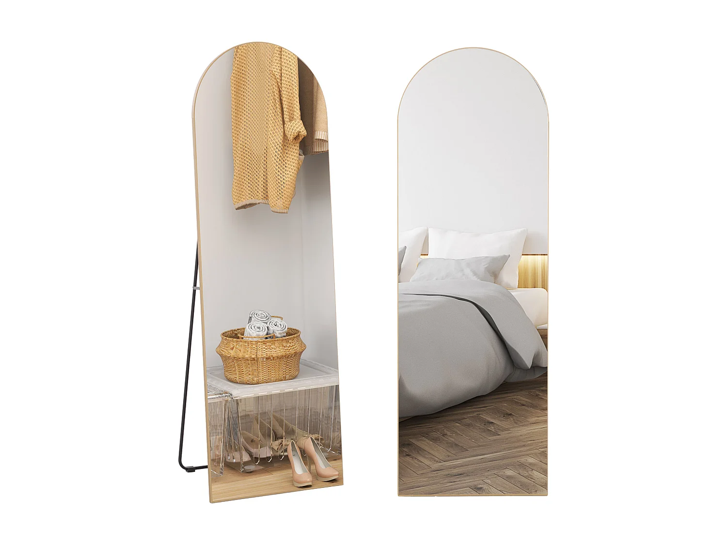 Miroir sur pied ou mural dim. 50L x 150H cm ton doré