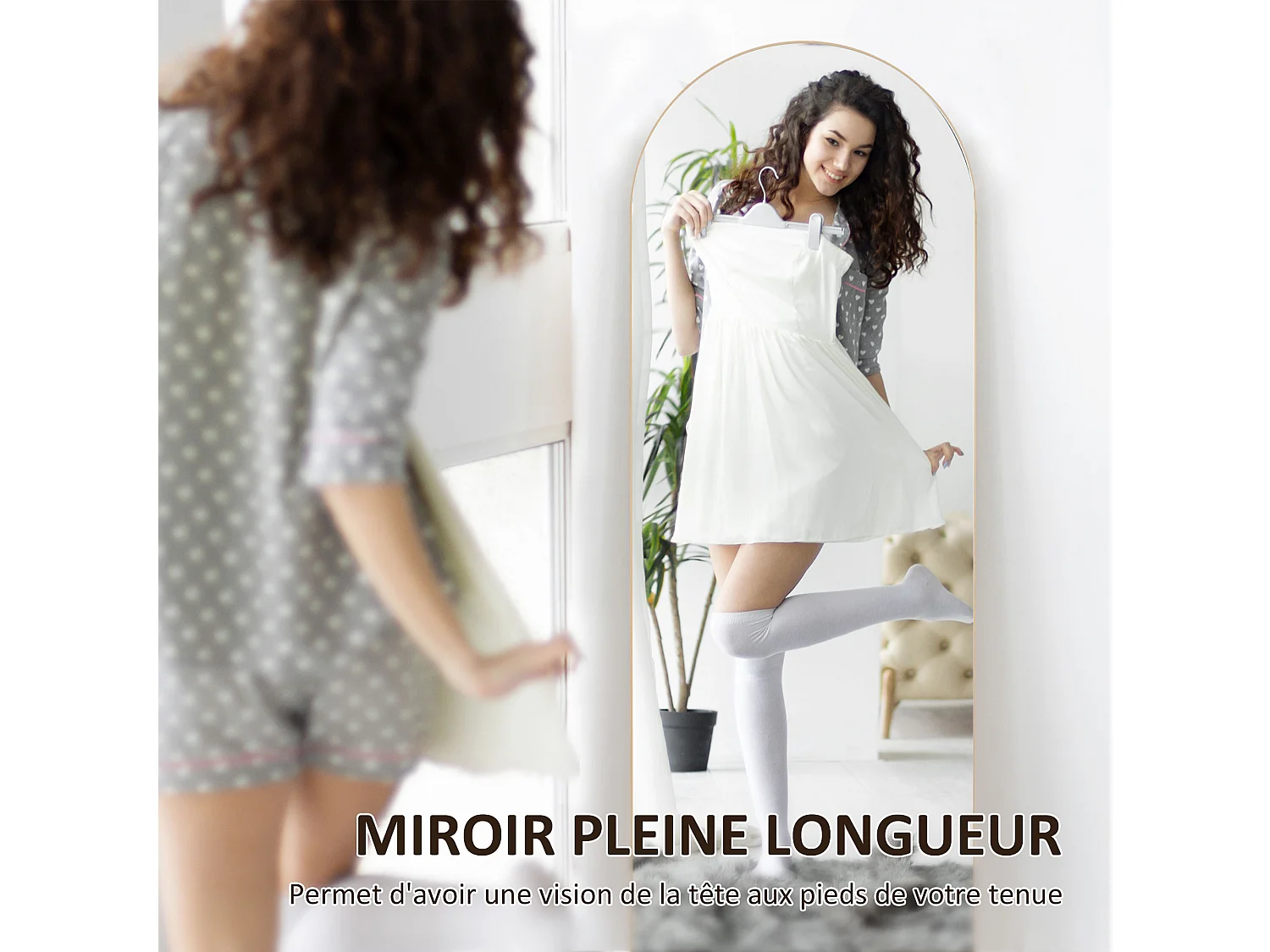 Miroir sur pied ou mural dim. 50L x 150H cm ton doré