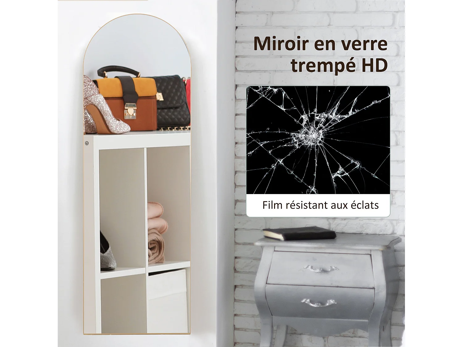Miroir sur pied ou mural dim. 50L x 150H cm ton doré