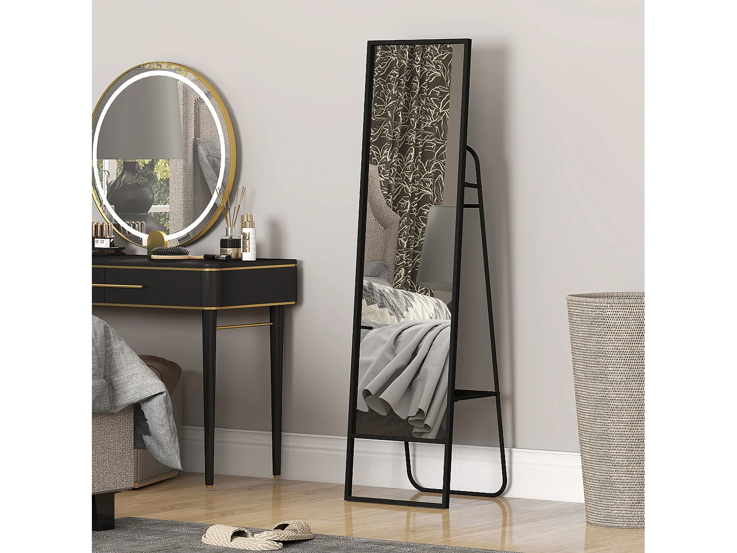 Miroir sur pied avec rangements grande taille dim. 148,5 x 40 cm métal noir