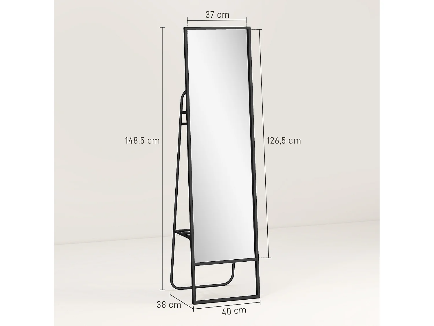 Miroir sur pied avec rangements grande taille dim. 148,5 x 40 cm métal noir