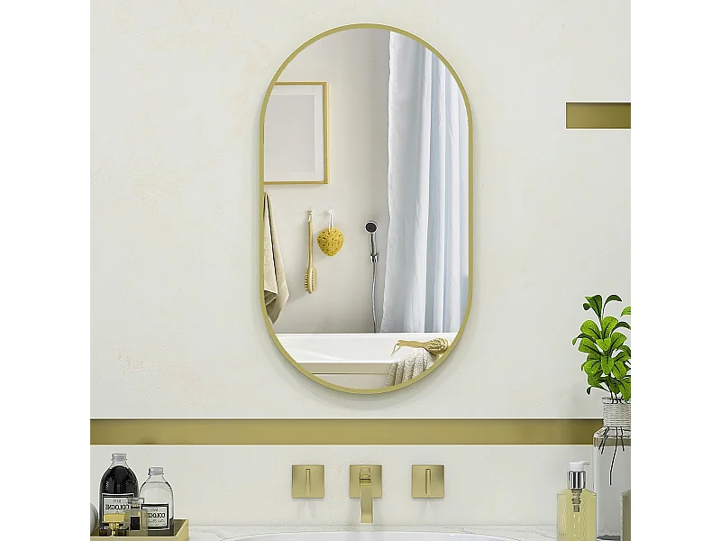 Miroir mural ovale dim. 40L x 70H cm cadre arrondi montage vertical/horizontal alu. doré