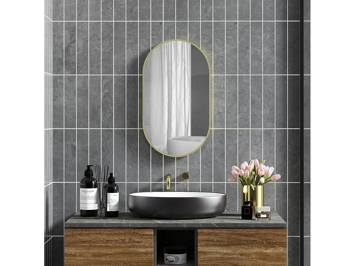 Miroir mural ovale dim. 40L x 70H cm cadre arrondi montage vertical/horizontal alu. doré