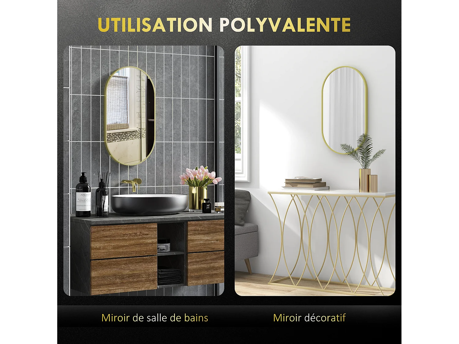 Miroir mural ovale dim. 40L x 70H cm cadre arrondi montage vertical/horizontal alu. doré