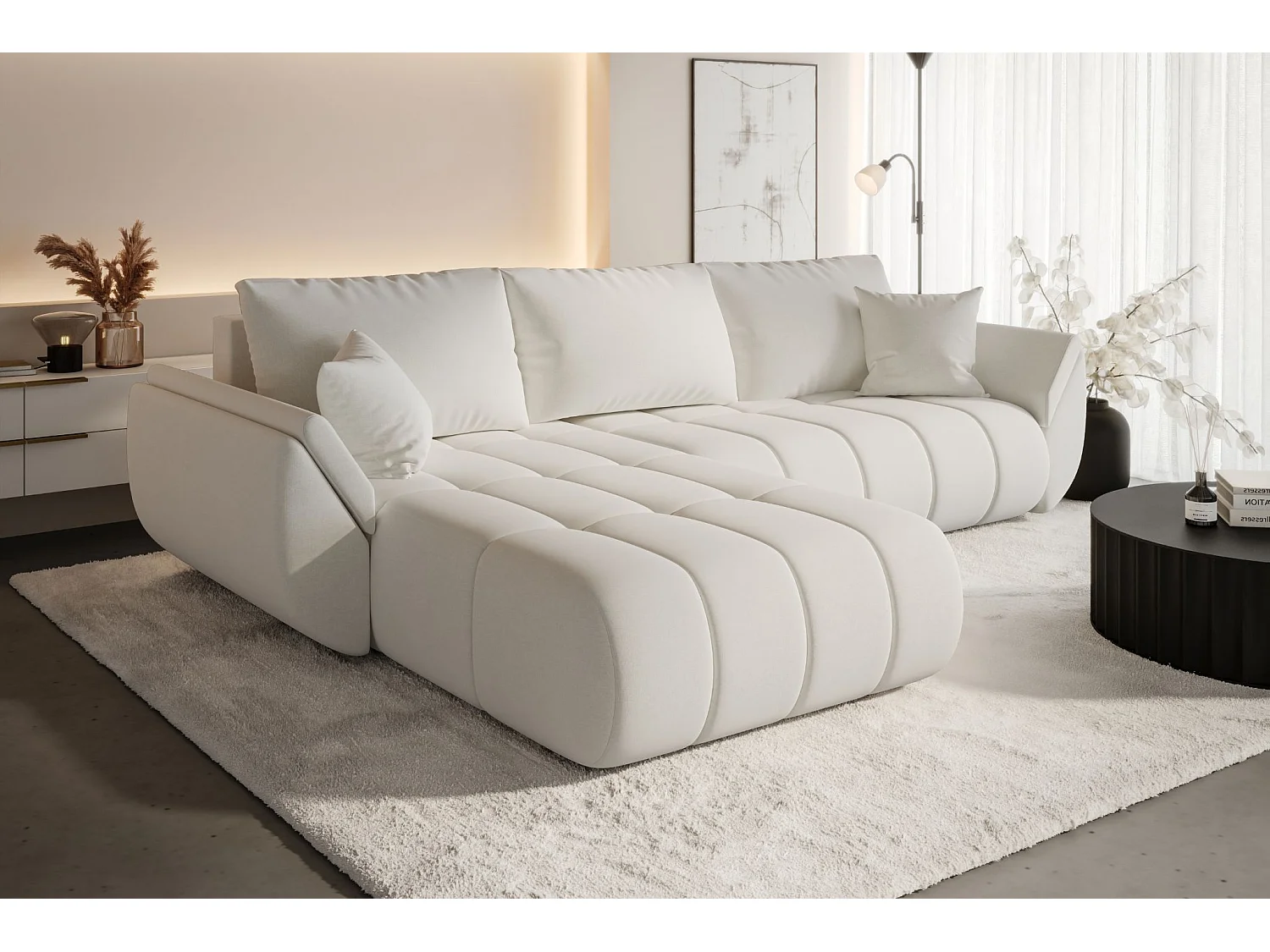 Hoekbank met slaapfunctie en opbergvak TOKYO PREMIUM, stof WIND, Ecru, Links