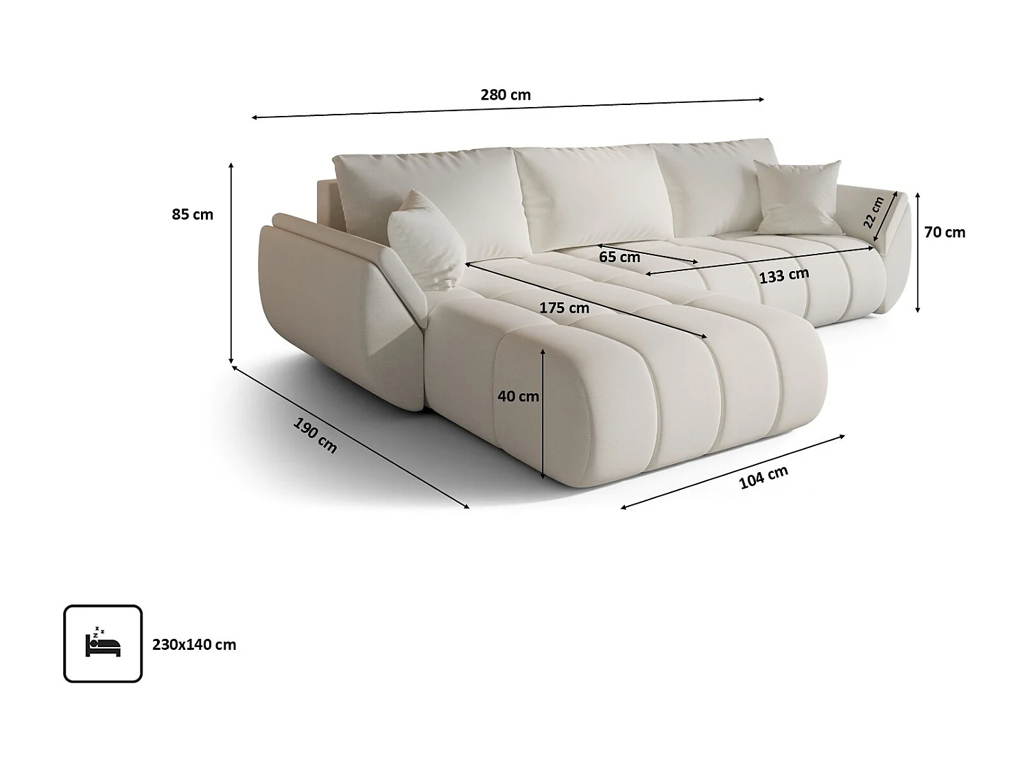Hoekbank met slaapfunctie en opbergvak TOKYO PREMIUM, stof WIND, Ecru, Links