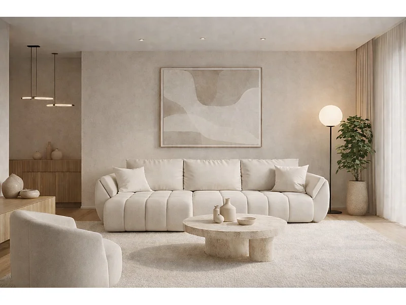 Divano angolare con funzione letto e vano contenitore TOKYO PREMIUM, tessuto WIND, Ecru, Sinistra