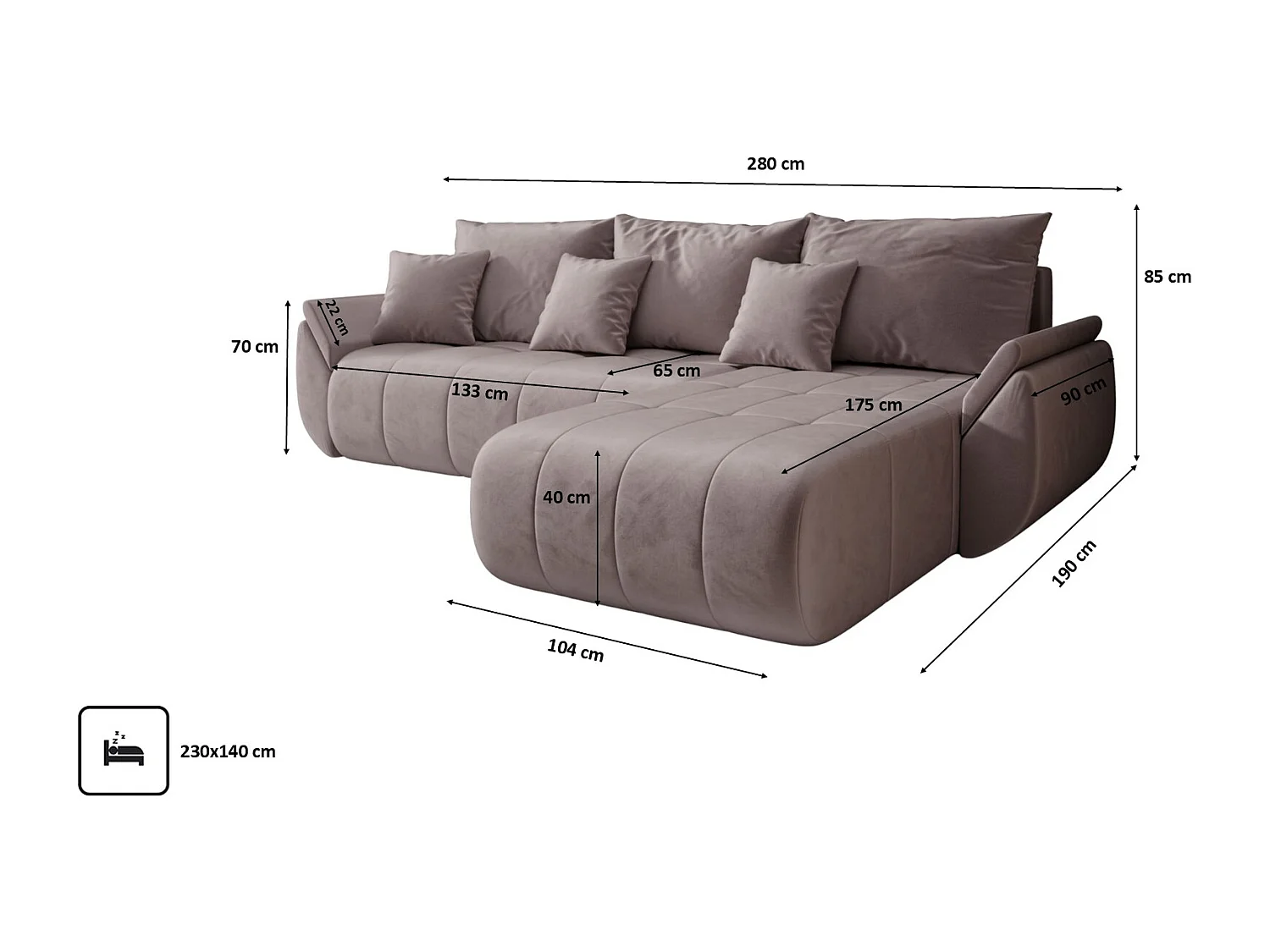 Hoekbank met slaapfunctie en opbergvak TOKYO, stof MONOLITH, paars, rechterzijde