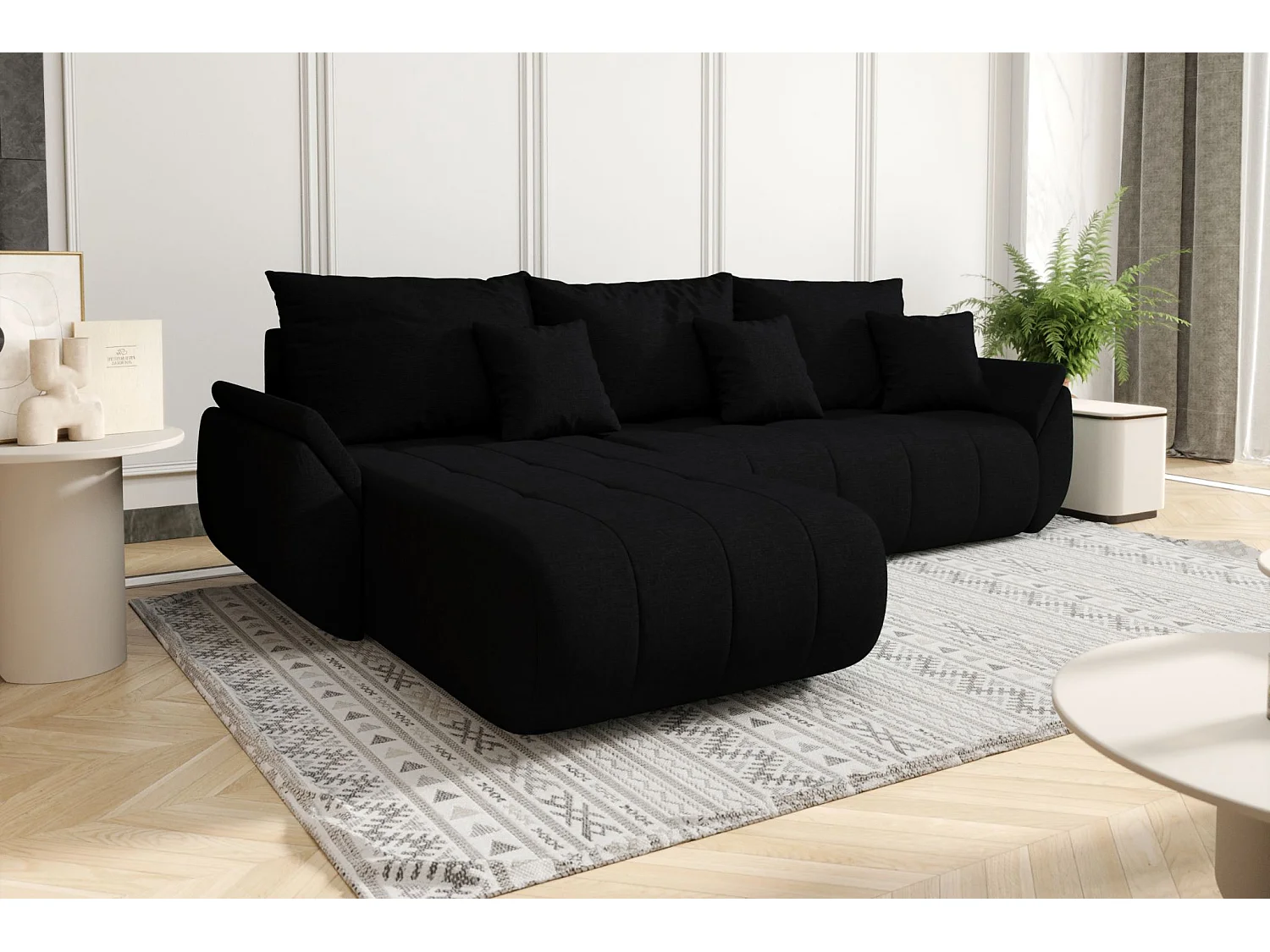 Canapé d'angle convertible avec rangement TOKYO, tissu WIND, noir, gauche