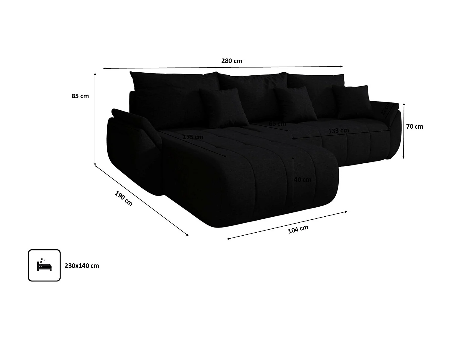 Canapé d'angle convertible avec rangement TOKYO, tissu WIND, noir, gauche