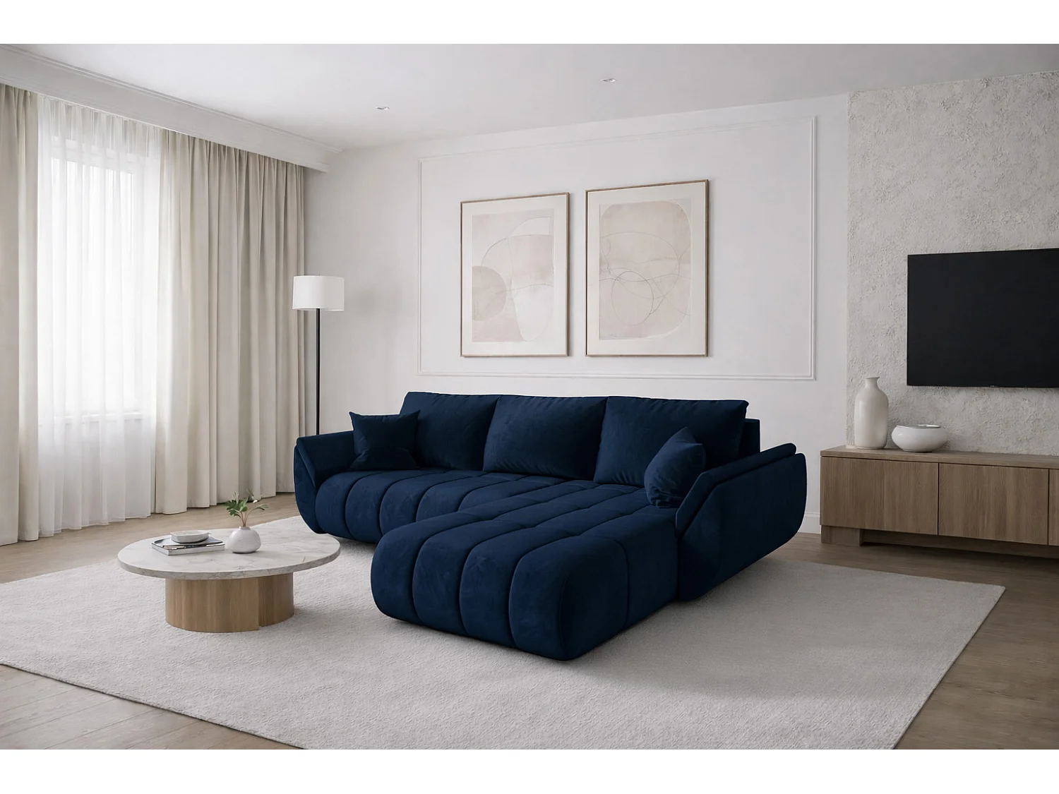 Canapé d'angle convertible avec compartiment de rangement TOKYO PREMIUM, tissu MONOLITH, bleu foncé, côté droit