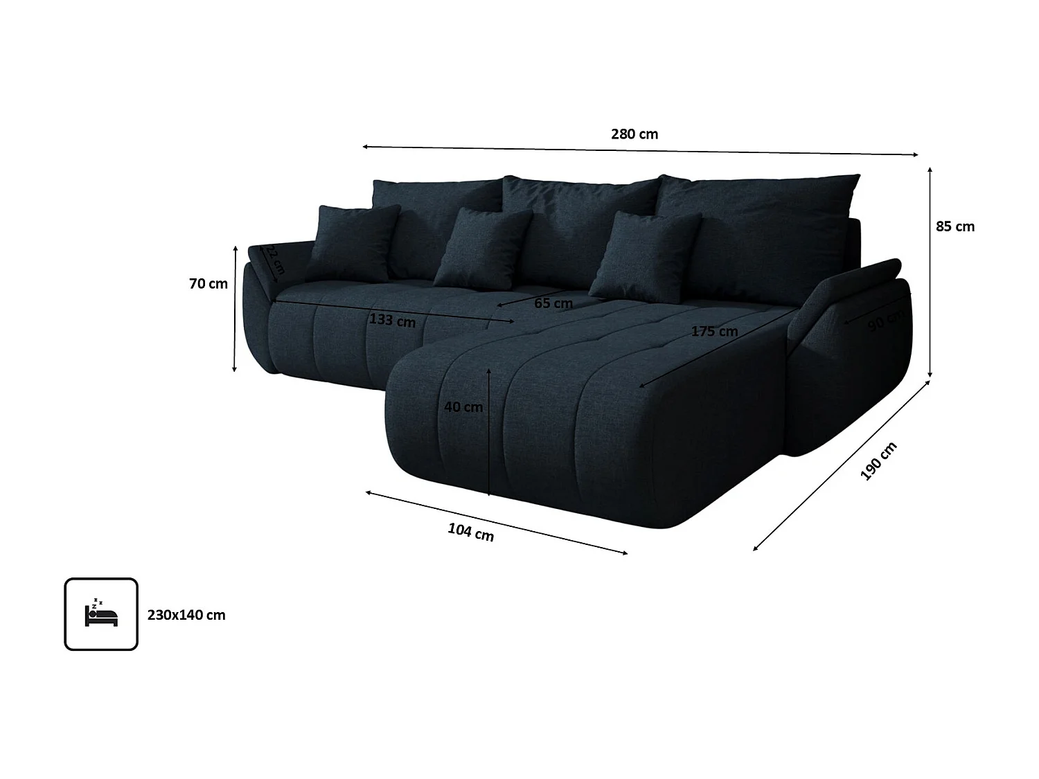 Canapé d'angle convertible avec compartiment de rangement TOKYO, tissu WIND, bleu foncé, côté droit