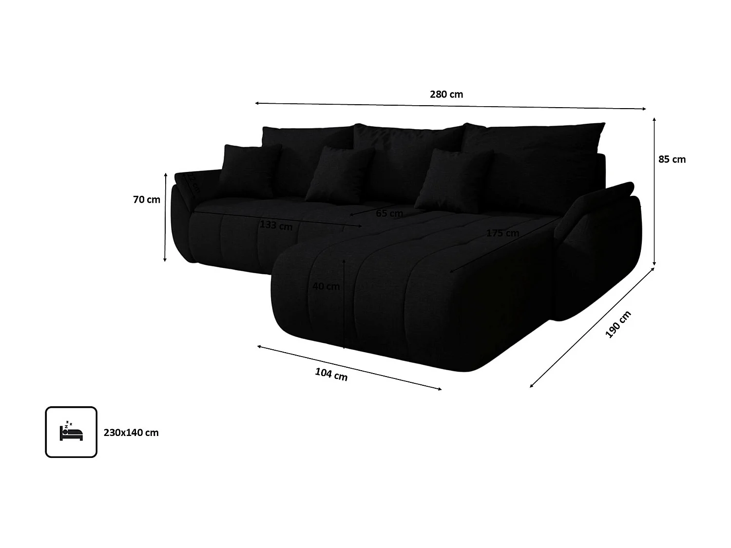 Canapé d'angle convertible avec compartiment de rangement TOKYO, tissu WIND, noir, côté droit