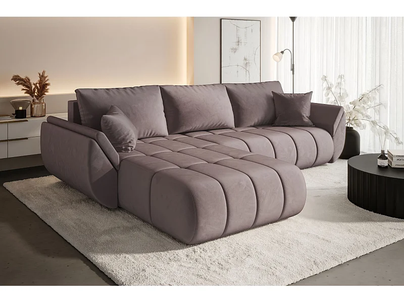 Divano angolare con funzione letto e vano contenitore TOKYO PREMIUM, tessuto MONOLITH, viola, sinistra