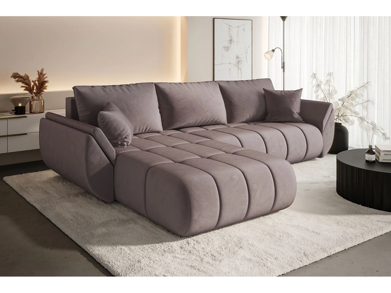 Canapé d'angle convertible avec compartiment de rangement TOKYO PREMIUM, tissu MONOLITH, violet, gauche