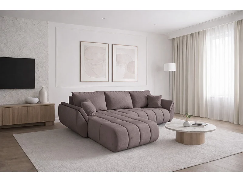 Canapé d'angle convertible avec compartiment de rangement TOKYO PREMIUM, tissu MONOLITH, violet, gauche