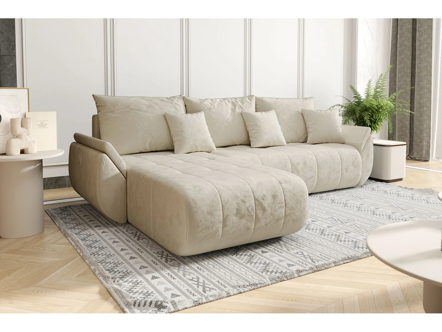 Canapé d'angle convertible avec rangement TOKYO, tissu MONOLITH, écru, gauche