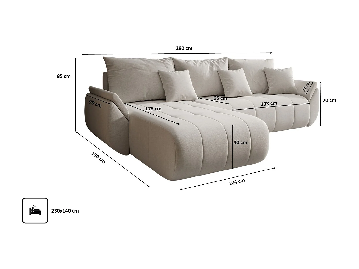 Canapé d'angle convertible avec rangement TOKYO, tissu WIND, beige, gauche