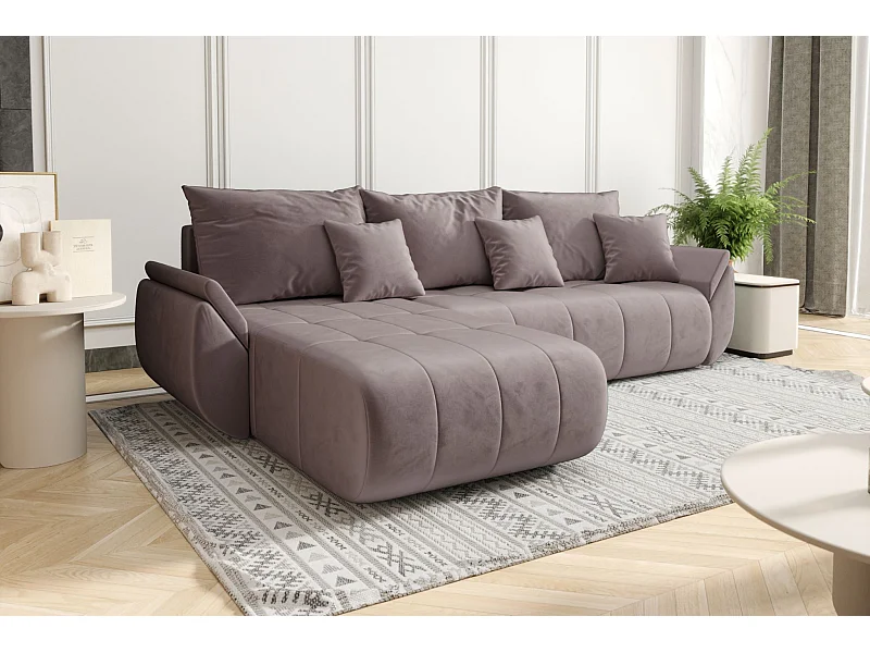 Divano angolare con funzione letto e vano contenitore TOKYO, tessuto MONOLITH, viola, a sinistra