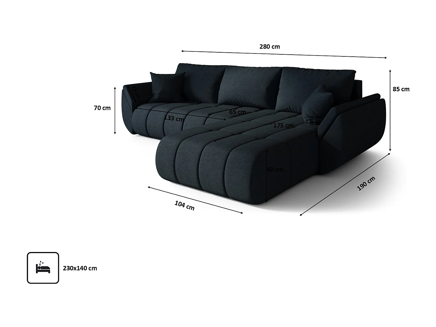 Canapé d'angle convertible avec compartiment de rangement TOKYO PREMIUM, tissu WIND, bleu foncé, droite