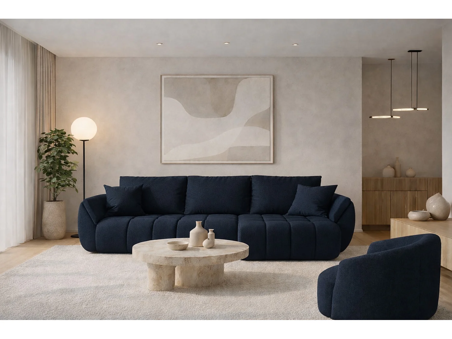 Canapé d'angle convertible avec compartiment de rangement TOKYO PREMIUM, tissu WIND, bleu foncé, droite