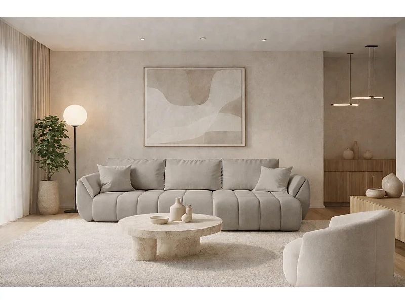 Divano angolare con funzione letto e vano contenitore TOKYO PREMIUM, tessuto WIND, grigio sabbia, a destra