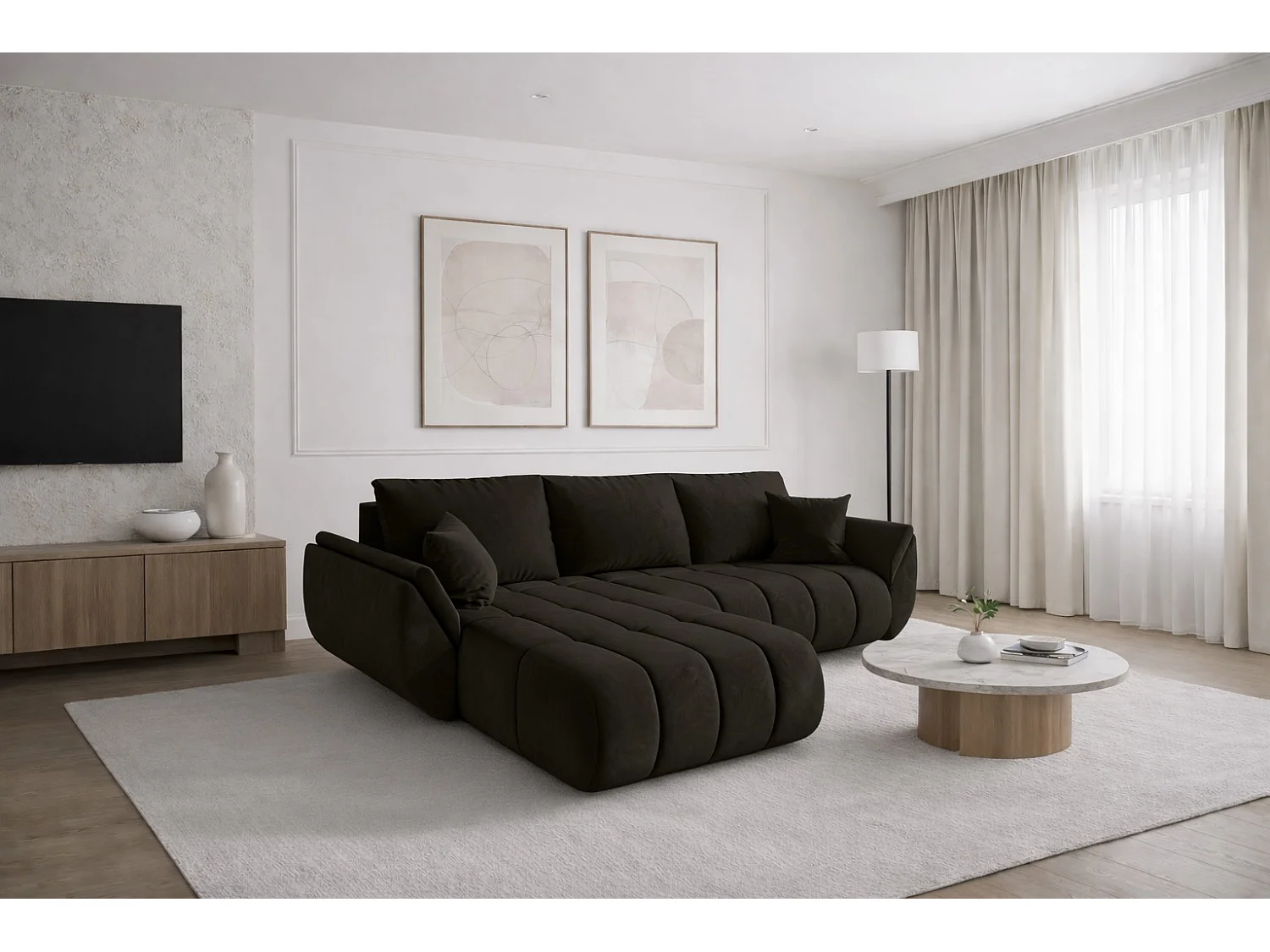 Canapé d'angle convertible avec compartiment de rangement TOKYO PREMIUM, tissu MONOLITH, gris foncé, gauche