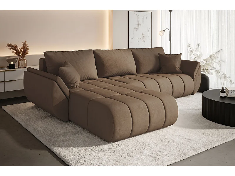 Divano angolare con funzione letto e vano contenitore TOKYO PREMIUM, tessuto MONOLITH, marrone chiaro, sinistra