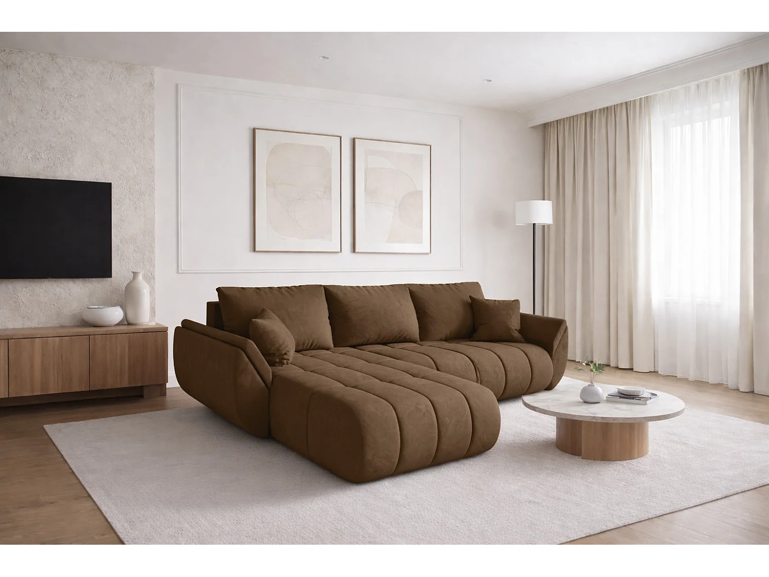 Canapé d'angle convertible avec compartiment de rangement TOKYO PREMIUM, tissu MONOLITH, marron clair, gauche