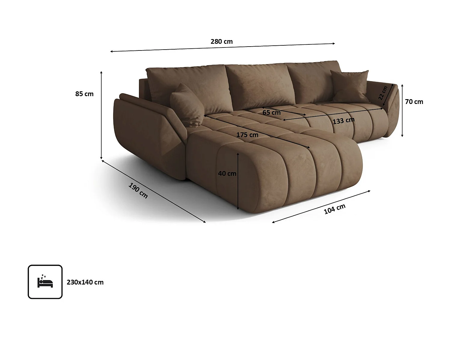Canapé d'angle convertible avec compartiment de rangement TOKYO PREMIUM, tissu MONOLITH, marron clair, gauche