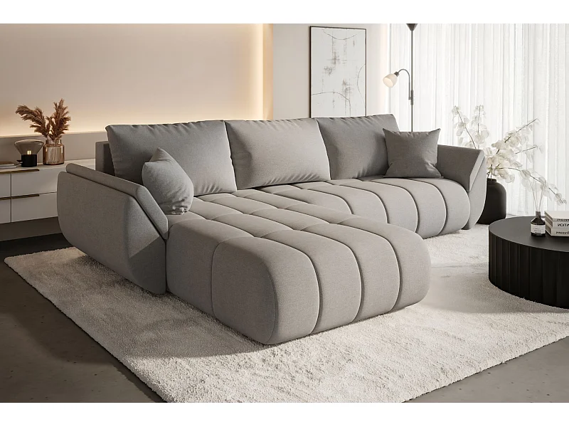 Canapé d'angle convertible avec compartiment de rangement TOKYO PREMIUM, tissu WIND, gris sable, gauche