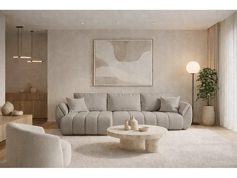 Divano angolare con funzione letto e vano contenitore TOKYO PREMIUM, tessuto WIND, grigio sabbia, sinistro