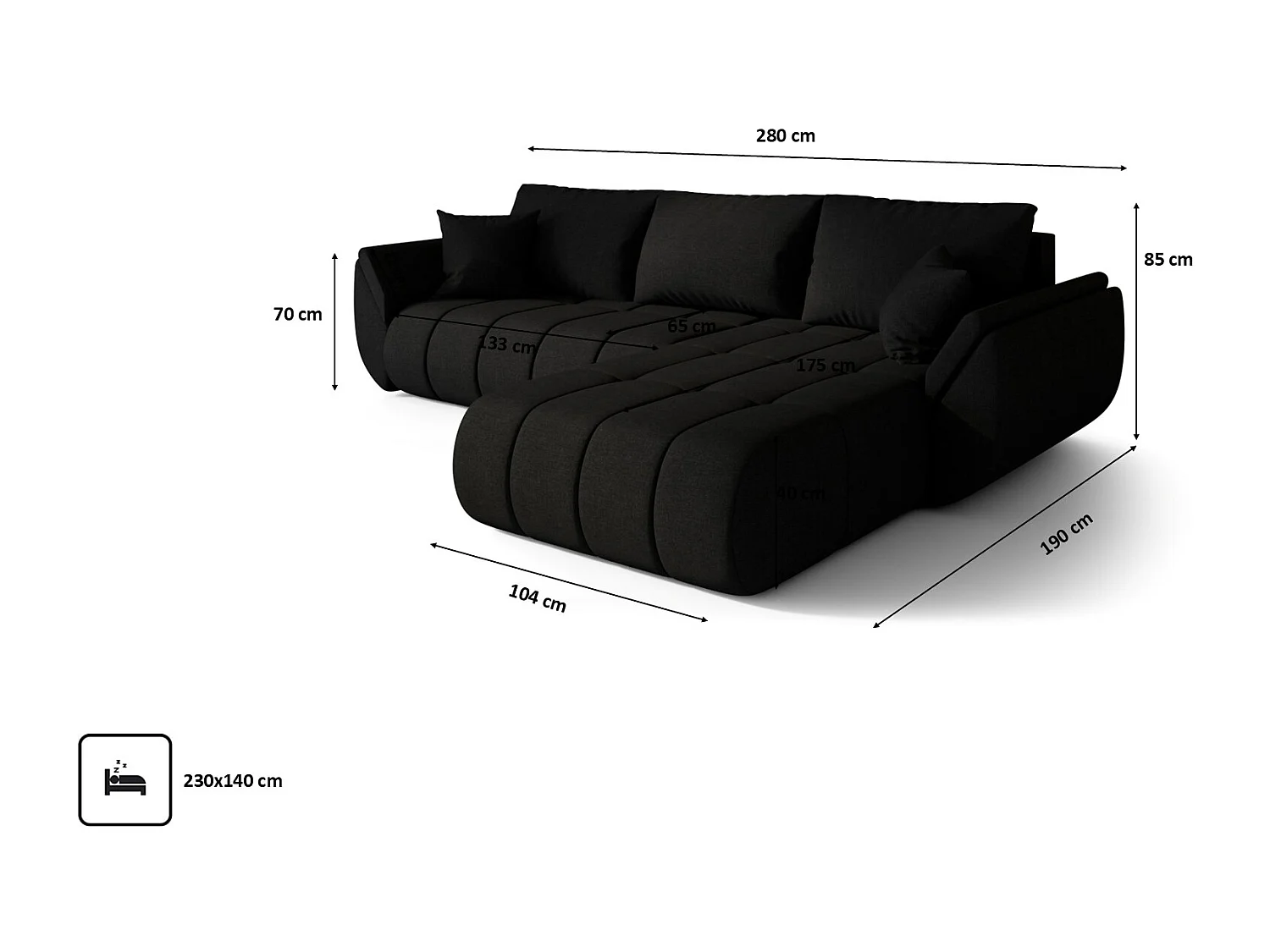 Canapé d'angle convertible avec rangement TOKYO PREMIUM, tissu WIND, Noir, Droite