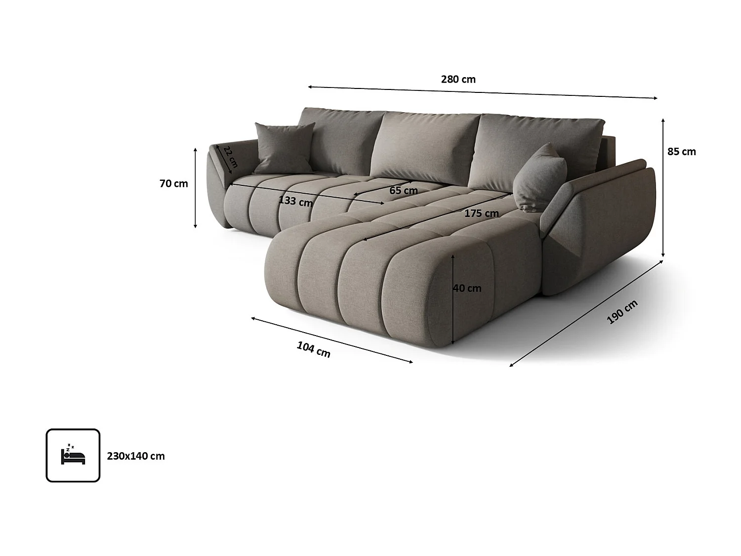 Canapé d'angle convertible avec compartiment de rangement TOKYO PREMIUM, tissu WIND, gris-brun, à droite