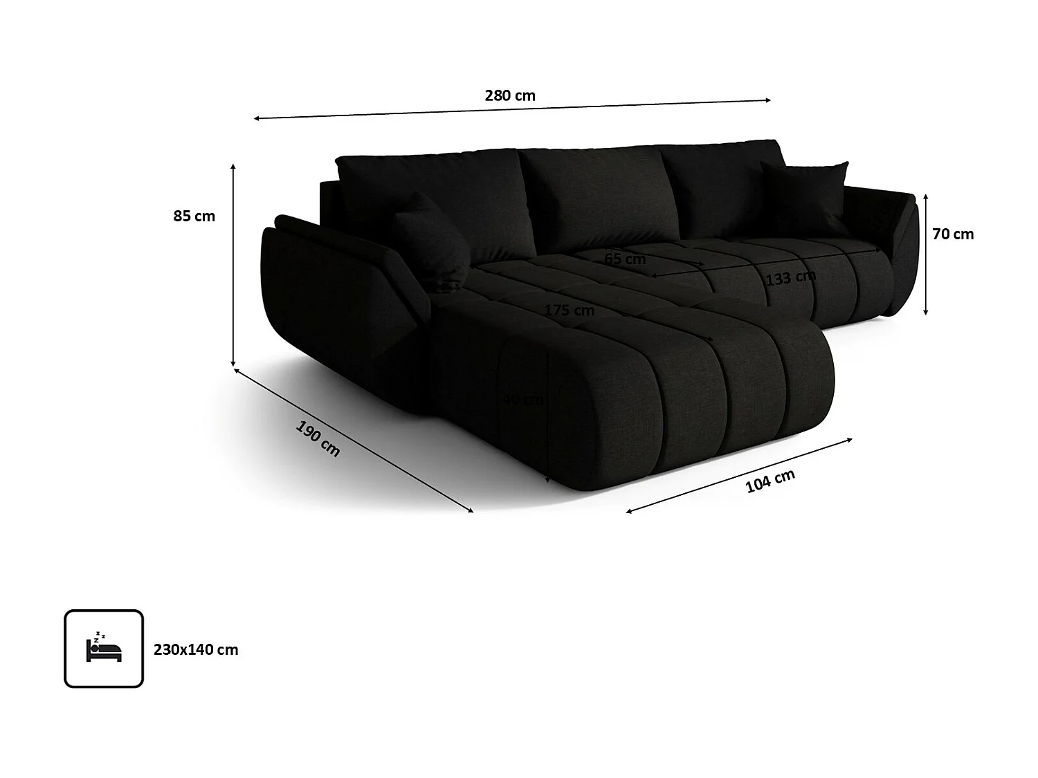 Canapé d'angle convertible avec rangement TOKYO PREMIUM, tissu WIND, Noir, Gauche