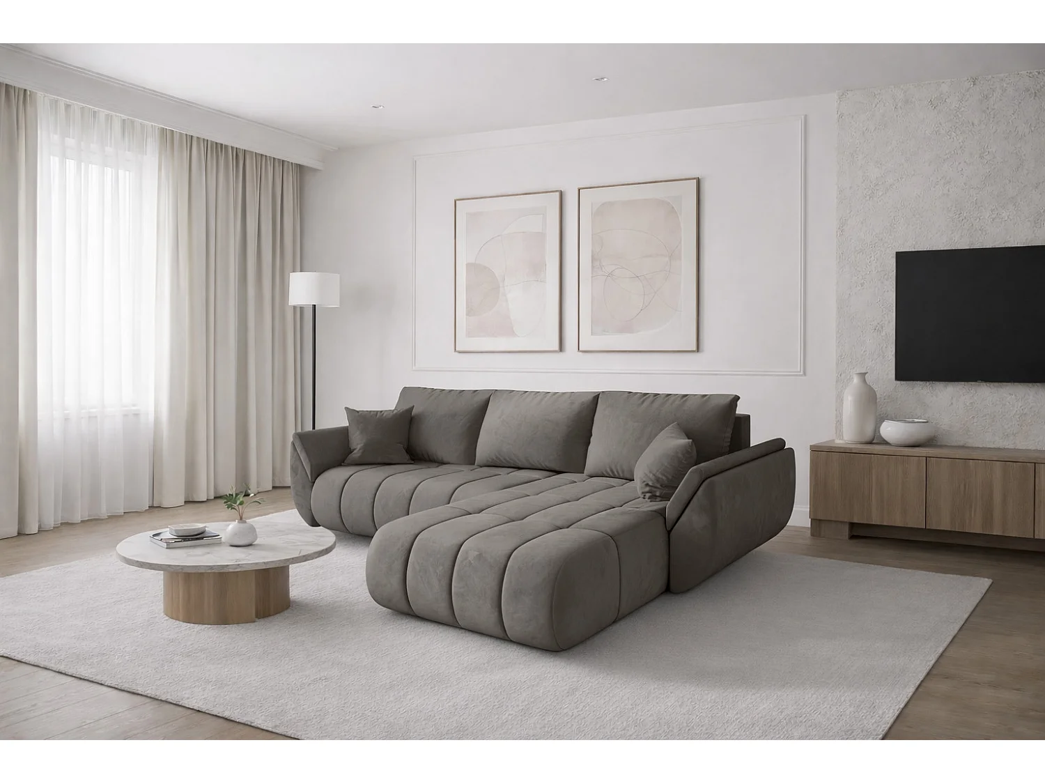 Canapé d'angle convertible avec compartiment de rangement TOKYO PREMIUM, tissu MONOLITH, gris clair, côté droit