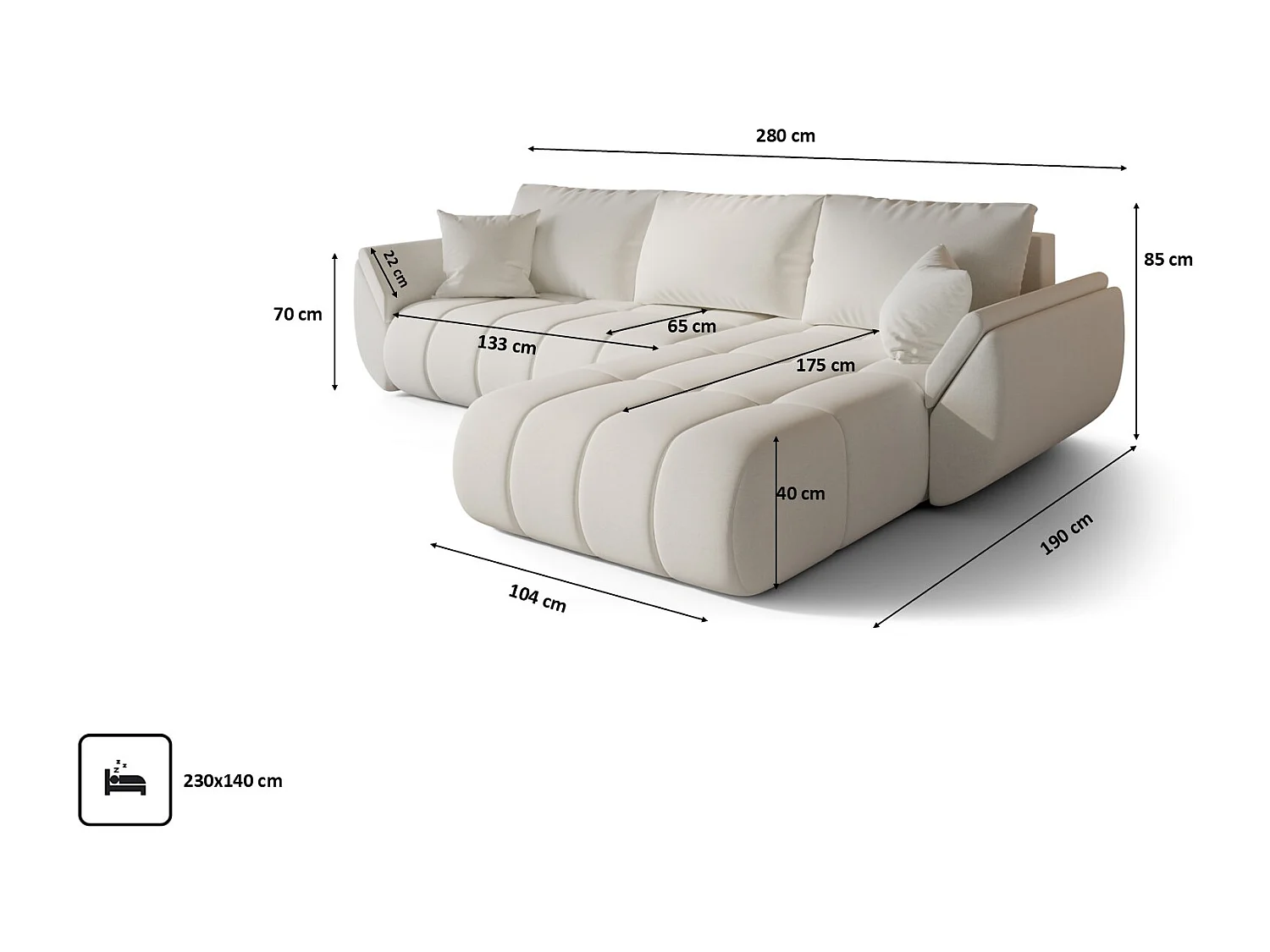 Canapé d'angle convertible avec compartiment de rangement TOKYO PREMIUM, tissu WIND, écru, à droite