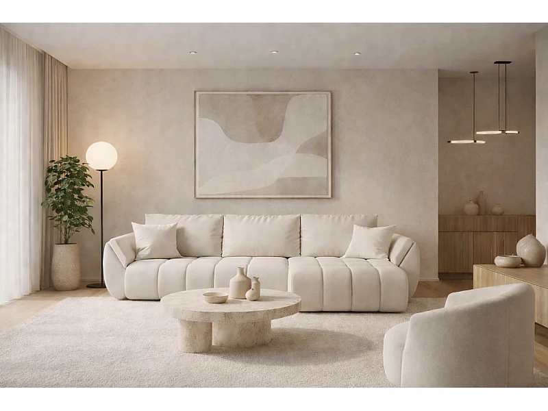 Divano angolare con funzione letto e vano contenitore TOKYO PREMIUM, tessuto WIND, ecrù, destra