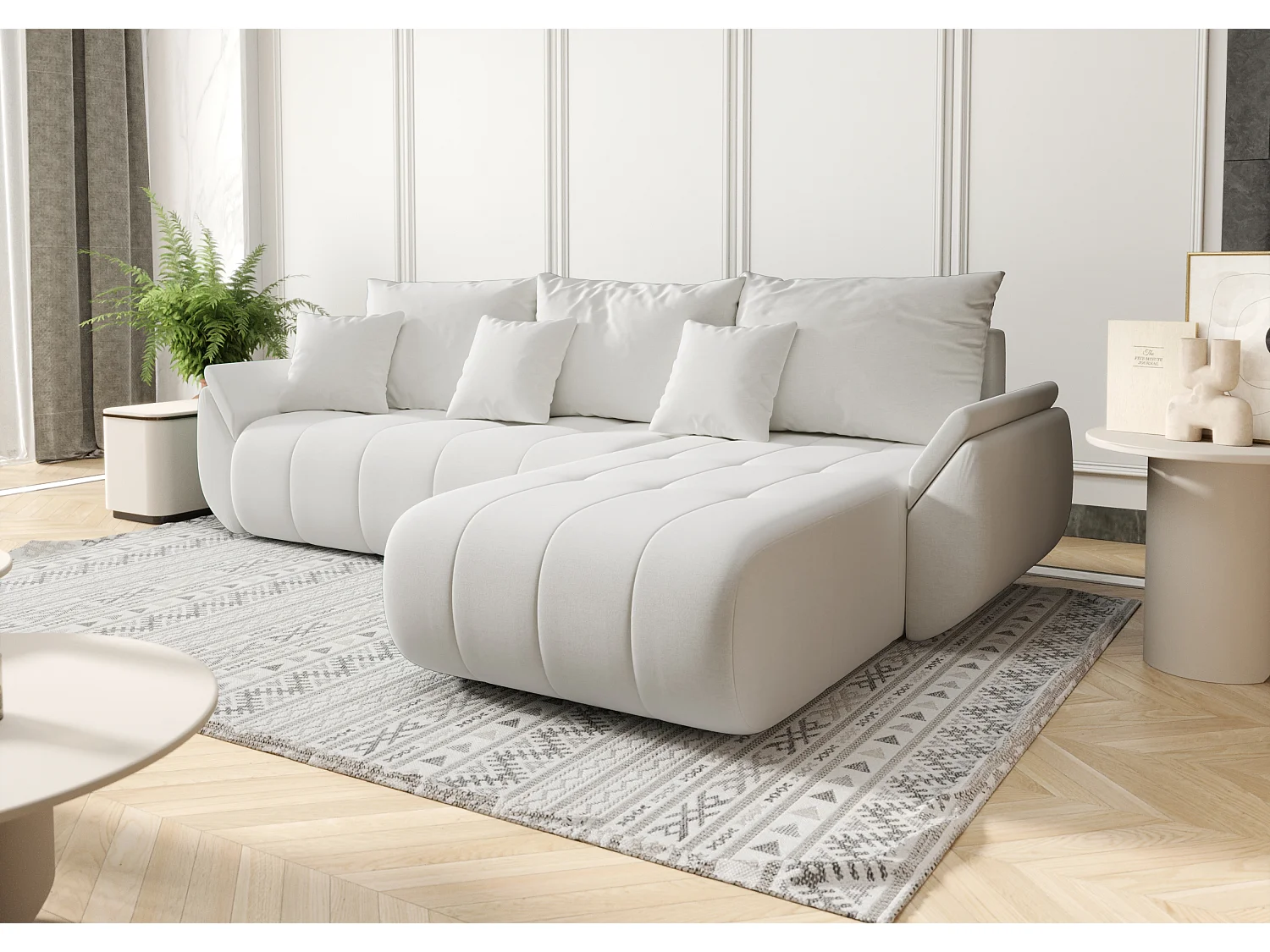 Canapé d'angle convertible avec compartiment de rangement TOKYO, tissu WIND, écru, à droite