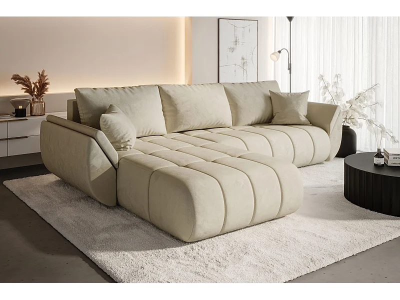 Ecksofa mit schlaffunktion und bettkasten TOKYO PREMIUM, stoff MONOLITH, Ecru, Links
